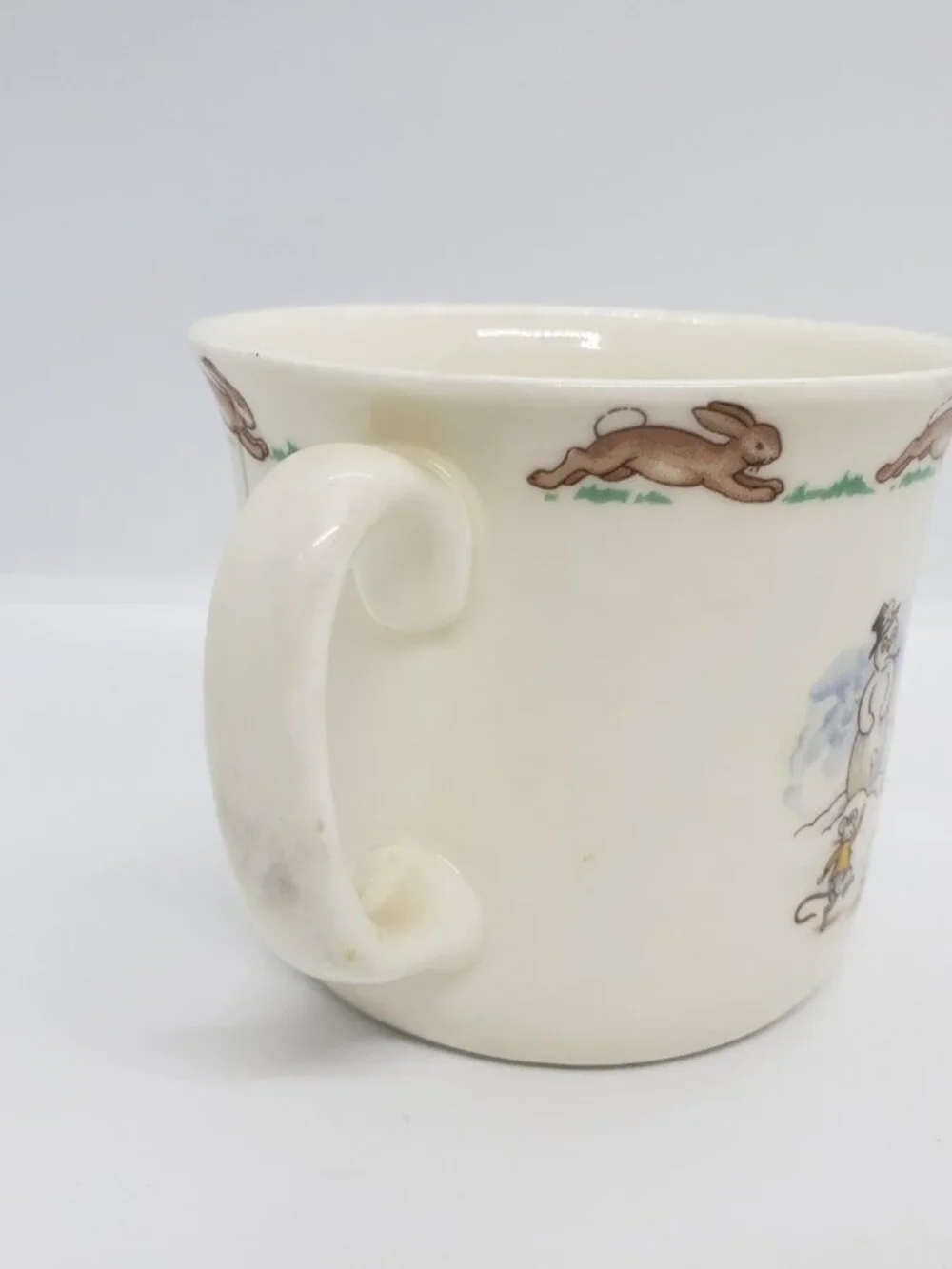 Vintage Royal Doulton Bunnykins 2 Handled Cup 6in Cereal Bowl Set Winter Xmas